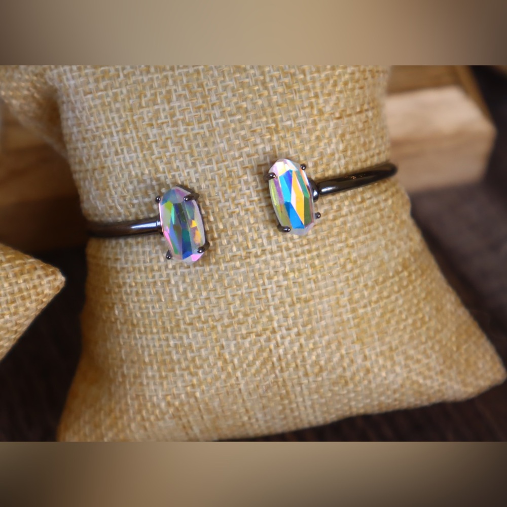 Elegant Gunmetal Bangle Bracelet with Iridescent Stones